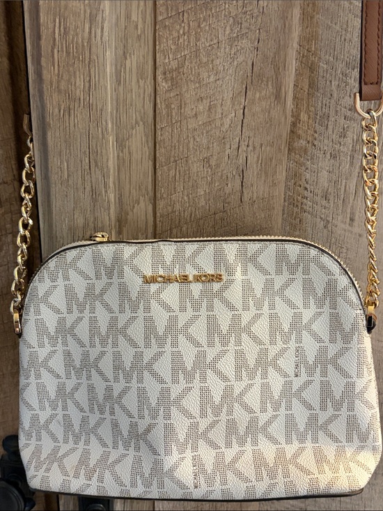 Michael Kors Handbags - Michael Kors Cindy dome Cream & Beige MK Logo Crossbody Gold Chain Leather